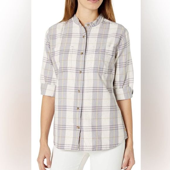 Carhartt Women's Relaxed Fit 3/4 Sleeve Plaid Shirt Gule Gray purple tan Large - Picture 12 of 12